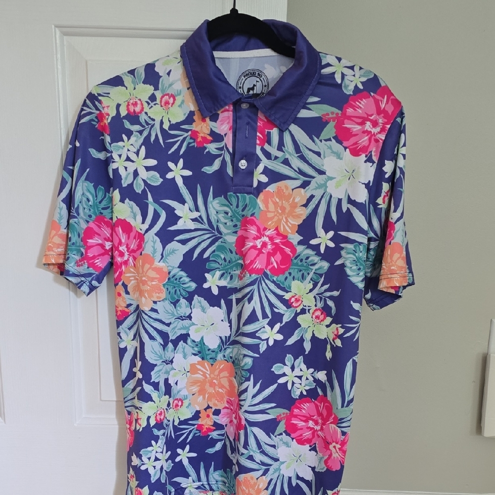 Tropical Blue and Pink Polo Shirt with Floral Design